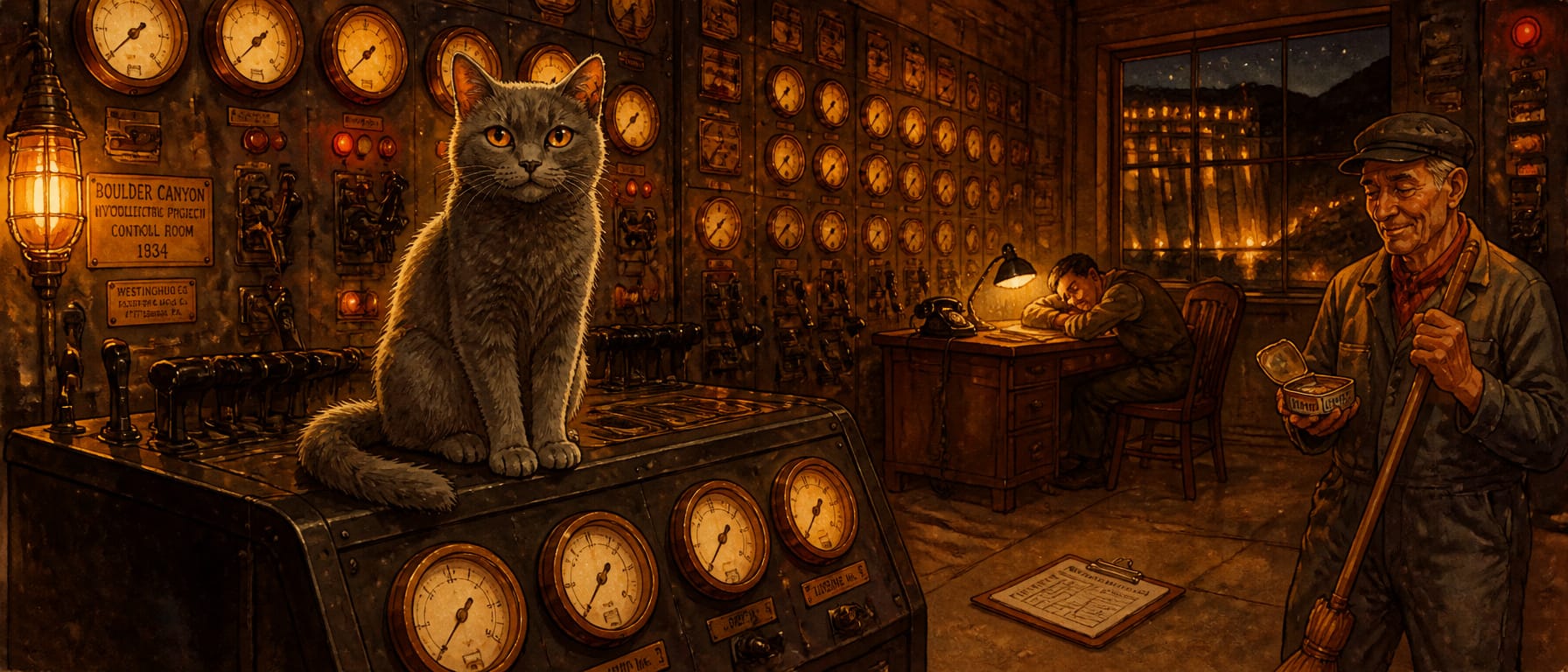A grey cat with amber eyes atop a Bakelite control panel in a 1934 dam control room, lit by amber indicator lights
