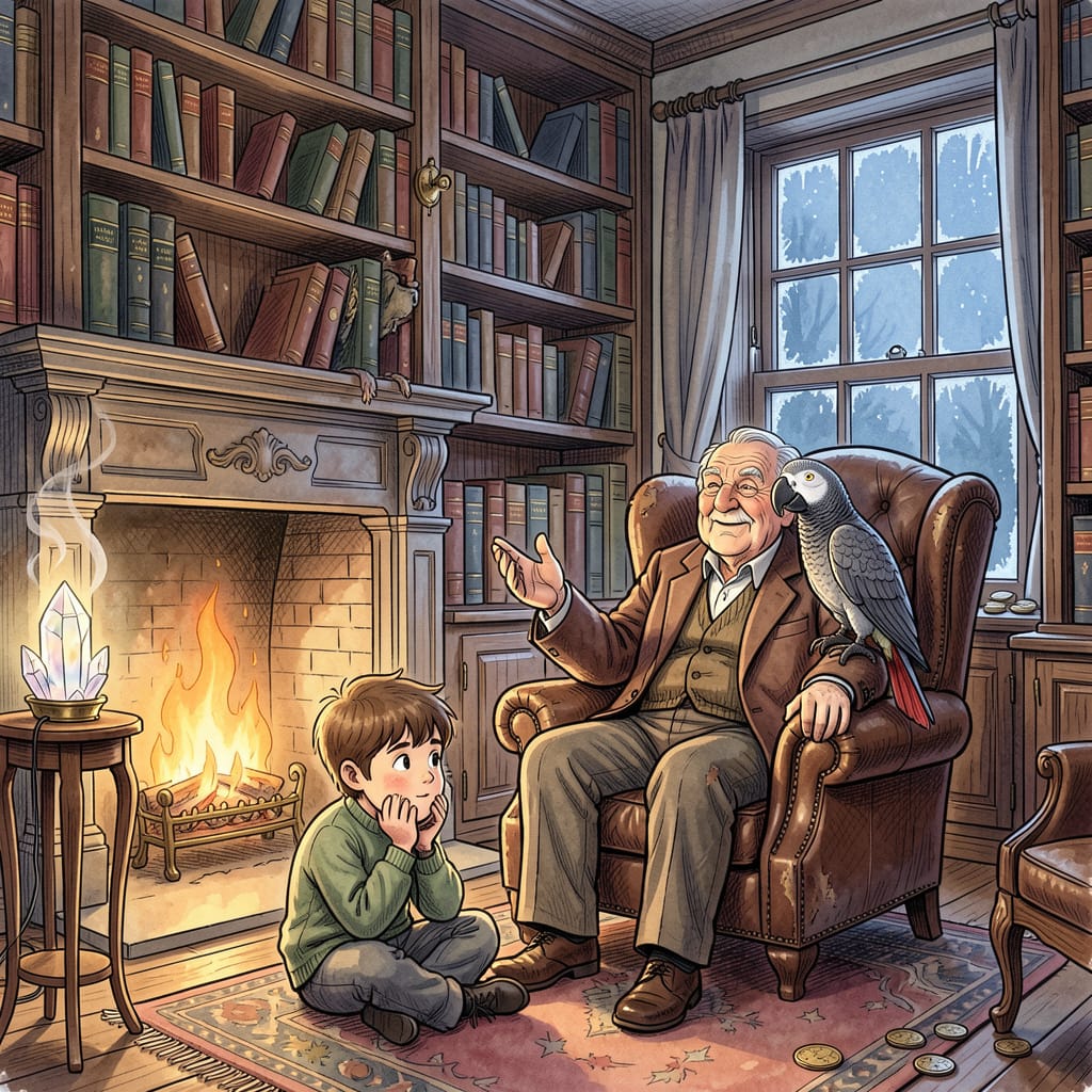 An old man telling stories by firelight