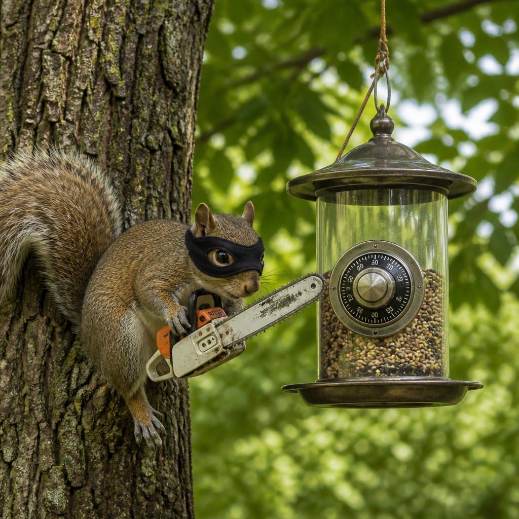 A determined fox squirrel with a very small chainsaw, regarding a fortified bird feeder with professional focus
