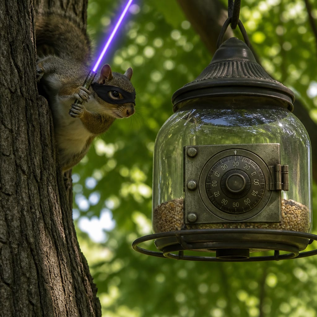 A fox squirrel wielding a small purple lightsaber, facing a heavily fortified bird feeder at night