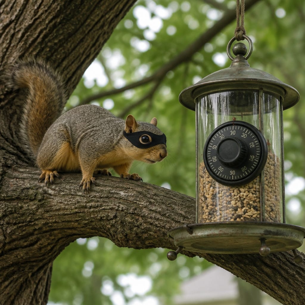 A fox squirrel with a natural dark facial mask, sitting on an oak branch, studying a bird feeder