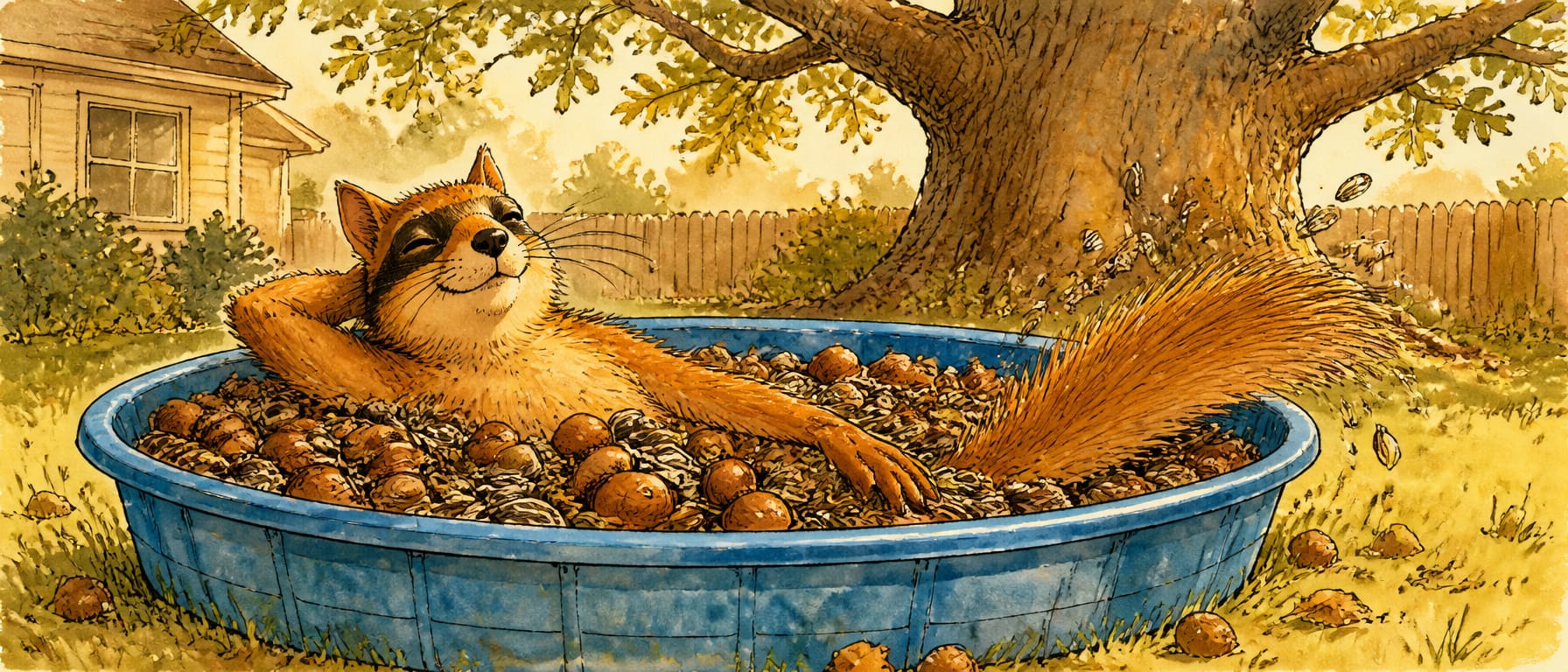 A fox squirrel reclining in a small kiddie pool filled with acorns, looking extremely satisfied