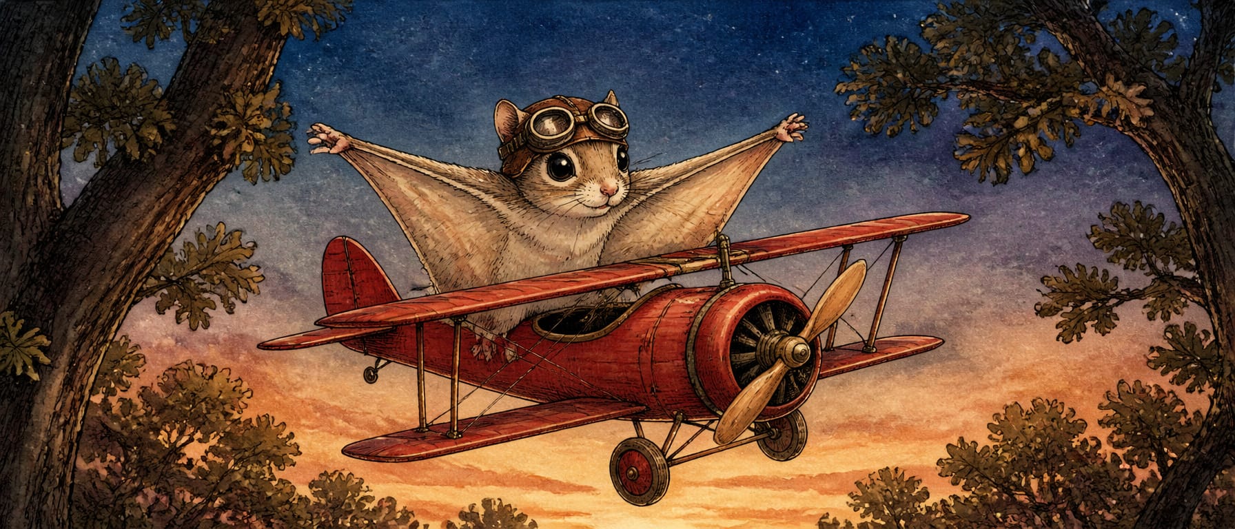 A flying squirrel with patagium spread like wings, wearing aviator goggles pushed up, posed in front of a small red vintage biplane at dusk