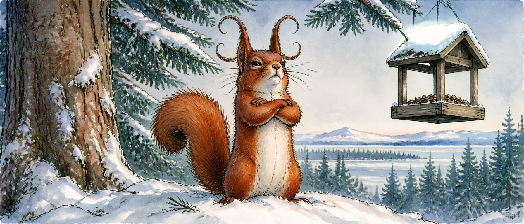 A small red squirrel standing very upright with arms crossed and curling ear tufts, looking profoundly offended, with a bird feeder visible in the snowy background