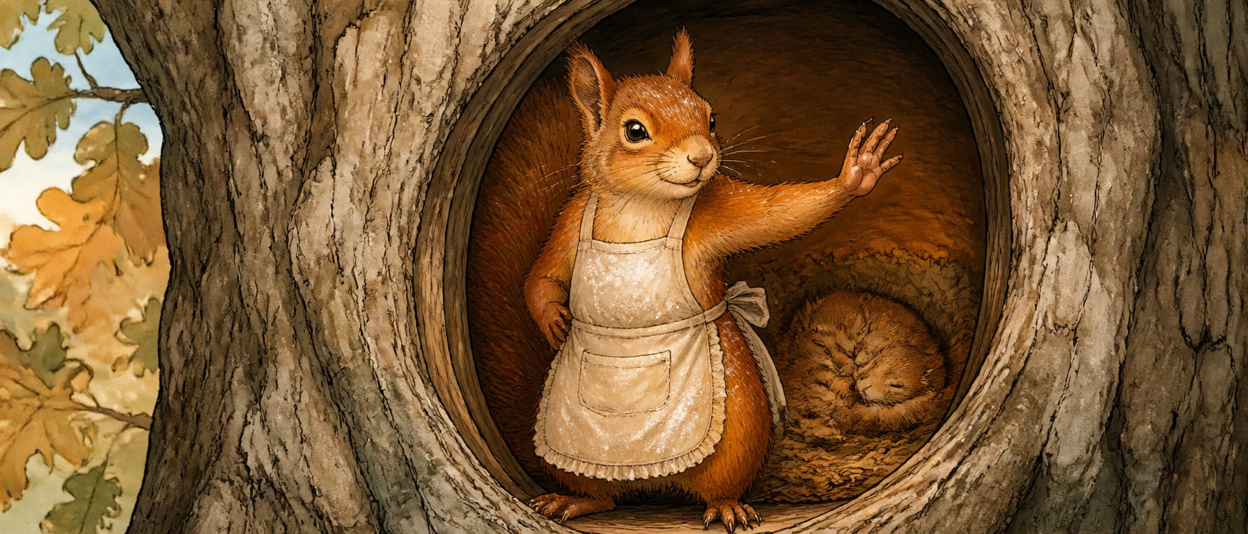 A fox squirrel in a white lace apron standing at a knothole in an oak tree, waving her husband off to work, with kits asleep behind her