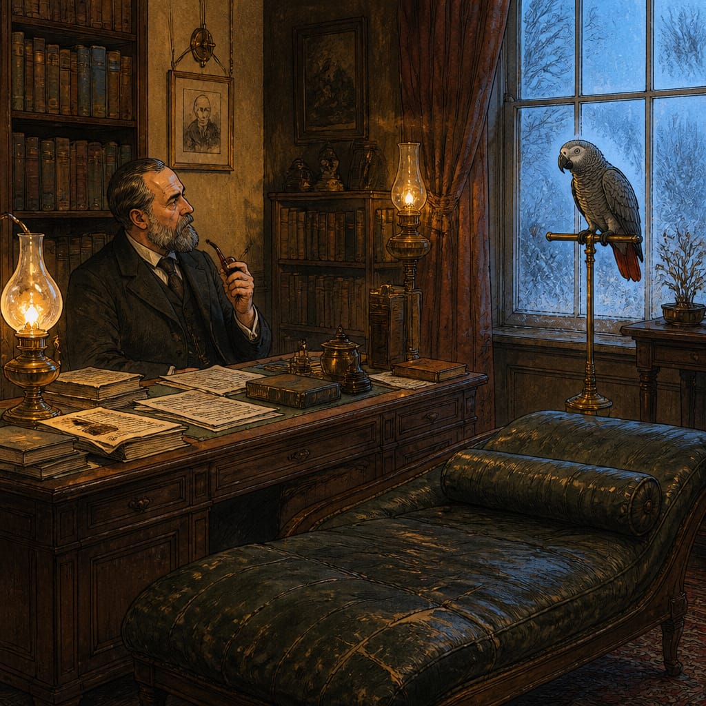 An African grey parrot on a brass perch in a Vienna consulting room, late 1895, gas-lit, horsehair furniture